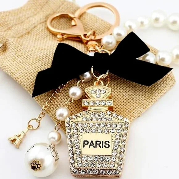 Paris Perfume Bottle Pearl Crystal Keychain Bag Charm - Picture 1 of 5